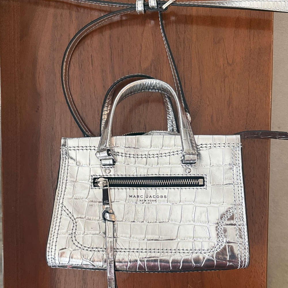 Marc Jacobs Metallic Silver Croc-Embossed Satchel
